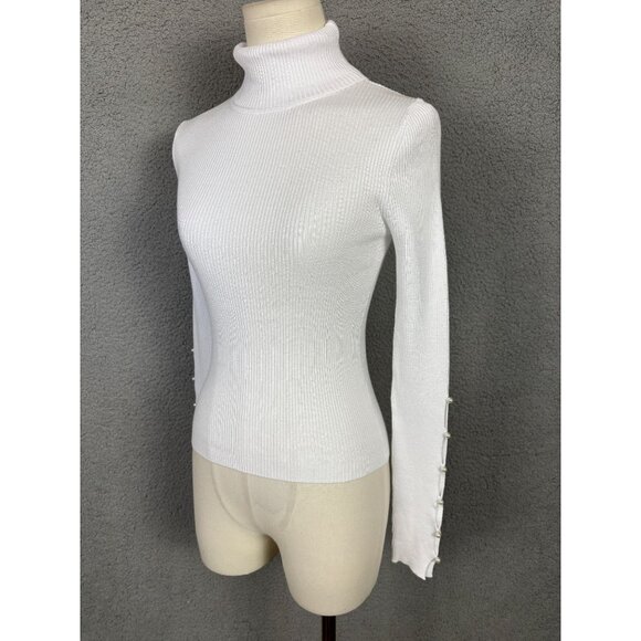 Hooked up by Iot Juniors' Turtleneck Sweater faux pearl trims White XS NWT's - Picture 3 of 8